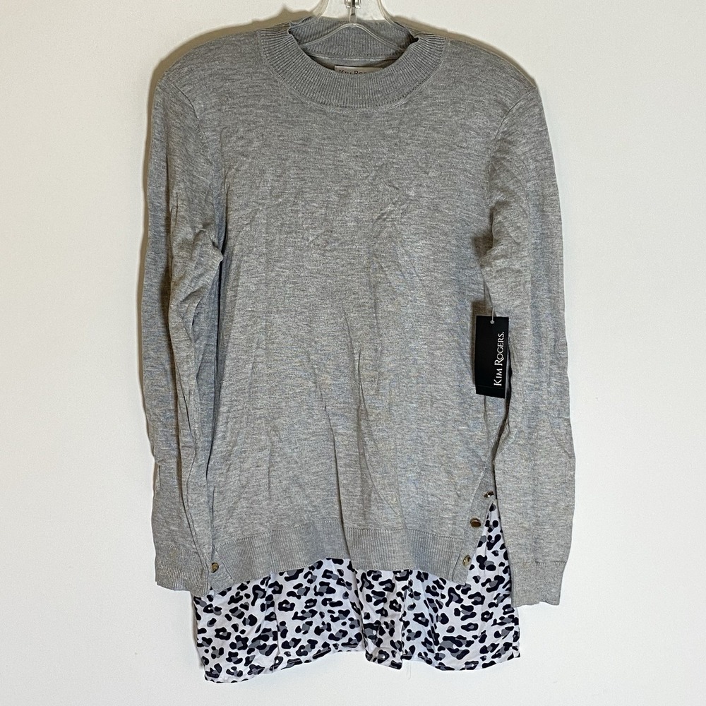 Kim Rogers Sweater Womens Small Gray Leopard Hem Gold Buttons Knit Long Sleeve S